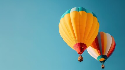 Obraz premium This image showcases two vibrant hot air balloons floating in the clear blue sky, representing freedom, adventure, and the beauty of aerial journeys in a serene setting.