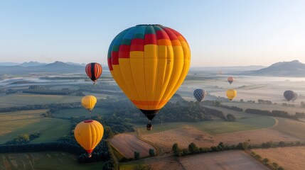 Numerous colorful hot air balloons ascend over a tranquil countryside, featuring green fields and misty hills, depicting adventure, peace, and the beauty of nature.