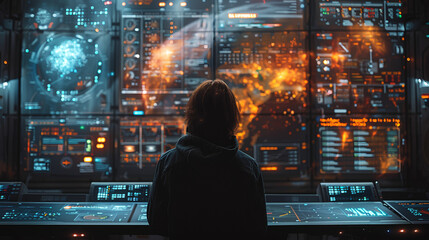 Obraz premium a smart man Is working in front of big computers with data analysis in office, 3D future technology concept, blur effect in the backrgaund