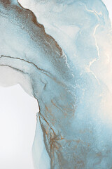 An abstract painting featuring swirling blue and brown ink on a white background