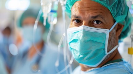 Medical professionals in an operating room are conducting several procedures with numerous medical instruments and IV drips in the background. Attention and precision are essential.