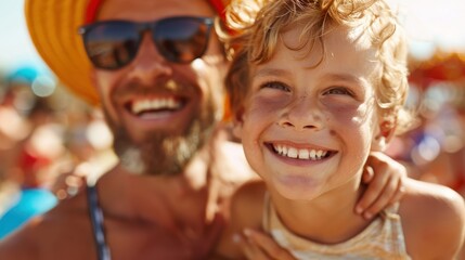 A heartwarming photo featuring a father and his son enjoying a sunny day at the beach, both smiling widely against a bright background, evoking feelings of joy and connection.