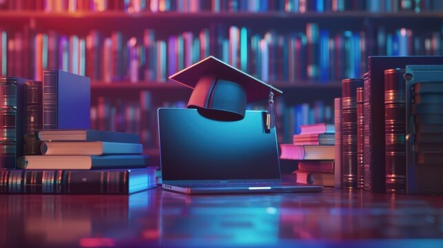 A modern 3D render with a laptop at the center, flanked by books and a graduation cap