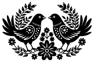 Folk art birds silhouette black lineocut vector art illustration 