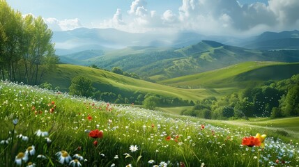 A peaceful countryside with rolling green hills and wildflowers