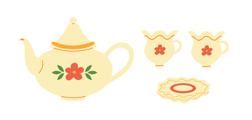  Illustration of ceramic tea set. Tea cup, teapot and saucer.