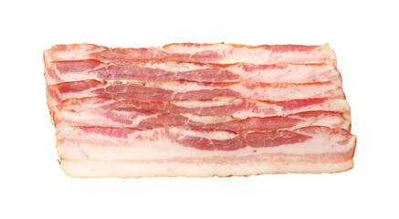 Slices of raw bacon isolated on white, top view