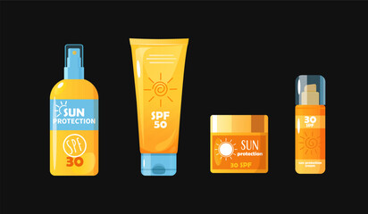 Sunscreen cosmetic varieties isolated on white background.	