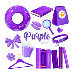 Icons collection in purple color includes different objects isolated on white background.

