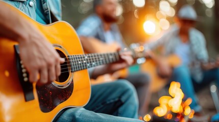 Obraz premium A group of people strumming guitars by a campfire in a forest, with the sun setting in the background, capturing a moment of musical camaraderie and nature's beauty.