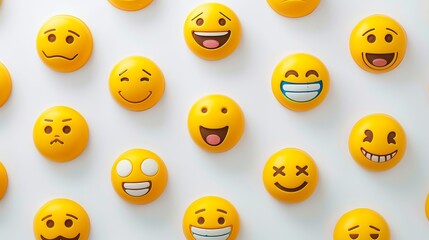 Fototapeta premium Rubber yellow emoji toys with many different facial expressions on a white background. They can be used for cards or to celebrate World Emoji Day.