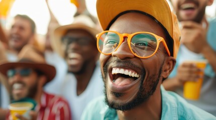 An enthusiastic fan cheering loudly while surrounded by other fans, capturing the shared passion and excitement of the moment at a sports event.
