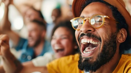 Obraz premium A focused fan wearing a hat and glasses, energetically cheering during a sports event, showcasing his enthusiasm and dedication in the midst of a lively crowd.