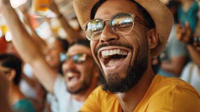 A joyful fan wearing a straw hat, celebrating passionately at a sports event, surrounded by other equally enthusiastic fans, capturing the vibrant and energetic atmosphere.