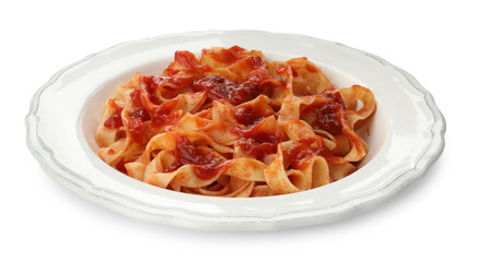 Delicious pasta with tomato sauce on white background