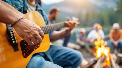 Obraz premium A close-up view of someone playing an acoustic guitar near a campfire, with their friends in the background, all enjoying a scenic outdoor environment together in harmony.