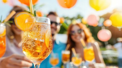 Fototapeta premium Refreshing cocktails adorned with garnishes, thoughtfully captured during an outdoor event. The image showcases the vibrant and festive atmosphere.