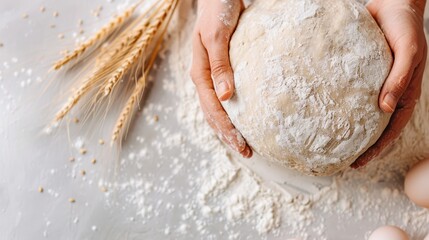 The image shows hands shaping a dough ball on a surface sprinkled with flour, with wheat stalks nearby, capturing the essence of baking with natural ingredients.