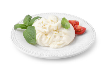 Delicious burrata cheese, tomatoes and basil isolated on white