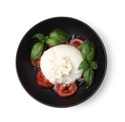Delicious burrata cheese, tomatoes and basil in bowl isolated on white, top view