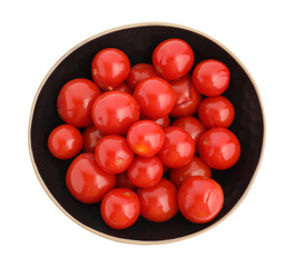 Tasty pickled tomatoes in bowl isolated on white, top view