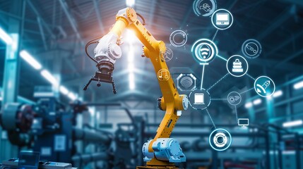 Fototapeta premium Smart factories use 5G technology to automate tasks with robots and vehicles that move materials around.