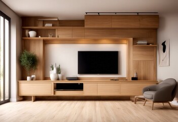 3d minimalist room cabinet tv interior wall oak wood floor white century living render mid modern apartment architecture blue bright chair comfort concept contemporary cosy