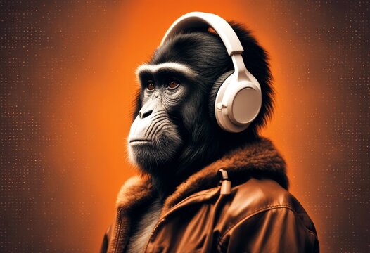 background aring adphones orange monkey ai generative animal ape beat cartoon character cool design dj ear face fashion fun funny gorilla hairy head earphones hipster intelligent jungle music