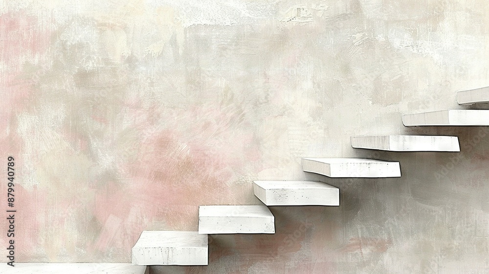 Sticker   A set of white stairs ascends to a wall adorned with a pink and white mural