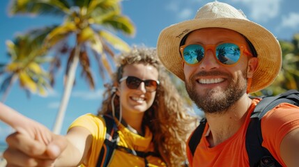 Obraz premium A happy couple with sunglasses and hats are smiling in a sunny beach setting, standing under swaying palm trees, enjoying their vacation together.