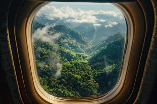 Vista de la ventana de un avi&oacute;n de un paisaje tropical, vista a&eacute;rea de una isla tropical desde la ventana del avi&oacute;n