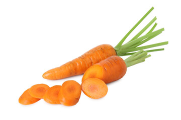 Whole and cut fresh carrots isolated on white