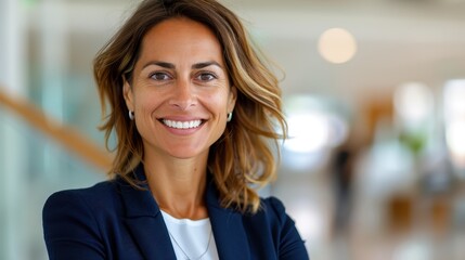 Fototapeta premium A woman exudes confidence and warmth, smiling in a bright modern office environment, showcasing professionalism and success in her corporate surroundings and sleek decor.