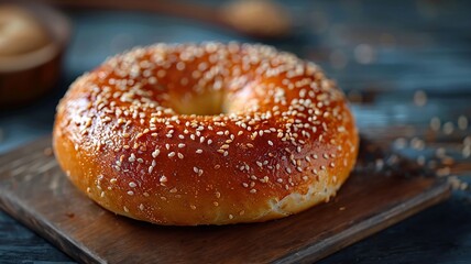 Sesame Seed Bagel on Wooden Board