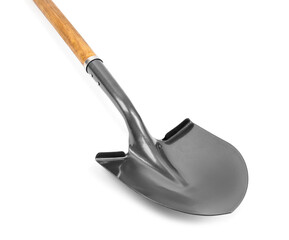 Metal shovel with wooden handle isolated on white