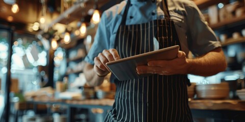 Tablet hands, restaurant or waiter for small business owner, social media, or sale promotion. Coffee shop review barista, scroll closeup or person reading technology app for coffee shop order