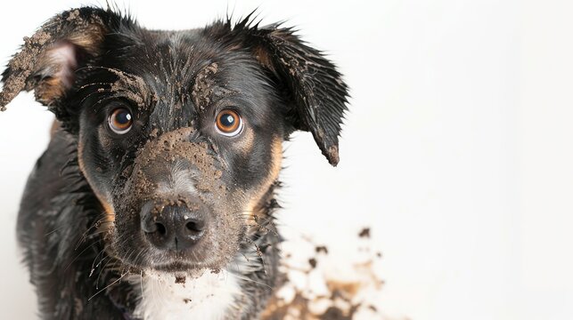 Playful mixed breed dog after messing in mud wearing a guilty expression White background studio photo
