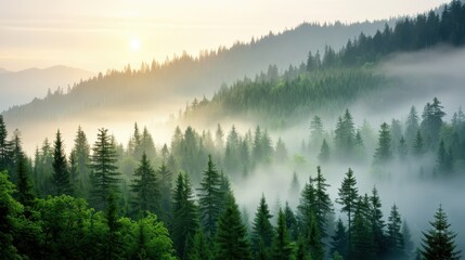 Fototapeta premium A blanket of mist at sunrise envelops a dense green forest valley, creating a breathtakingly serene and ethereal scene that resonates with tranquility and natural beauty.
