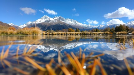 Captivating reflection of snow/ice mountains in a clear lake, framed by vibrant grasses and a bright blue sky, offering a harmonious blend of nature and serenity.
