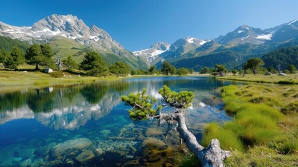 Crystal clear alpine lake surrounded by lush flora and a range of snowy mountains, reflecting the serene and untouched beauty of nature under a bright blue sky.