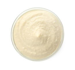 Delicious hummus in bowl isolated on white, top view