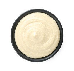 Delicious hummus in bowl isolated on white, top view