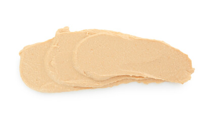 Sample of delicious hummus isolated on white, top view