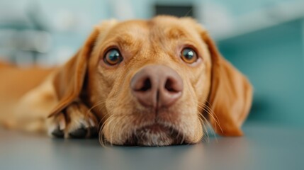 A dog rests its head on a table, showing a trustful and serene posture during a vet visit, indicating comfort and ease in the veterinary environment.