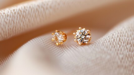 A detailed close-up image of elegant diamond stud earrings placed on a beige fabric, highlighting their brilliance and classic design perfect for jewelry enthusiasts.
