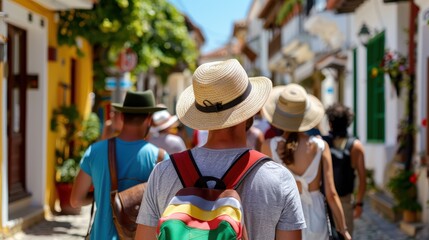 Fototapeta premium A group of tourists wearing hats and backpacks stroll through a picturesque, vibrant cobblestone street, surrounded by colorful buildings and lush greenery on a sunny day.