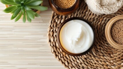 A jar of moisturizing cream accompanied by natural elements like a succulent plant, a wicker mat, and seeds, offering a calming skincare setting.