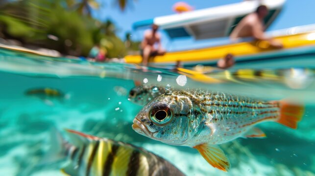 Fish swimming beautifully in the clear blue waters of a tropical location, with people enjoying a boating activity in the background on a bright, sunny day. - Powered by Adobe