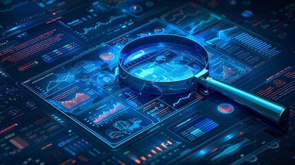 A  magnifying glass on a page, in the style of a futuristic digital design concept