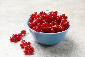 Fresh red currants in bowl on light grey table